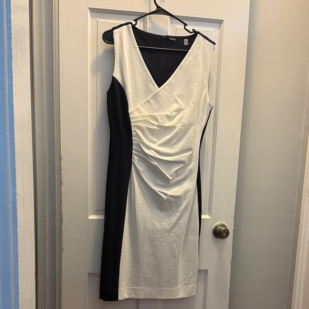 Tahari Navy and White V-Neck Sheath Dress